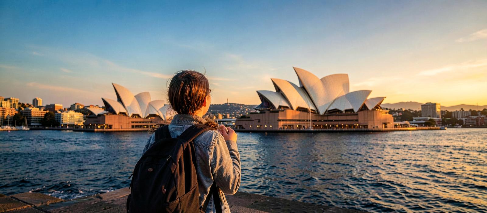 Student looking out over a harbour at sunset